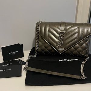SOLD YSL Small Envelope Monogram Shoulder bag in metallic gray